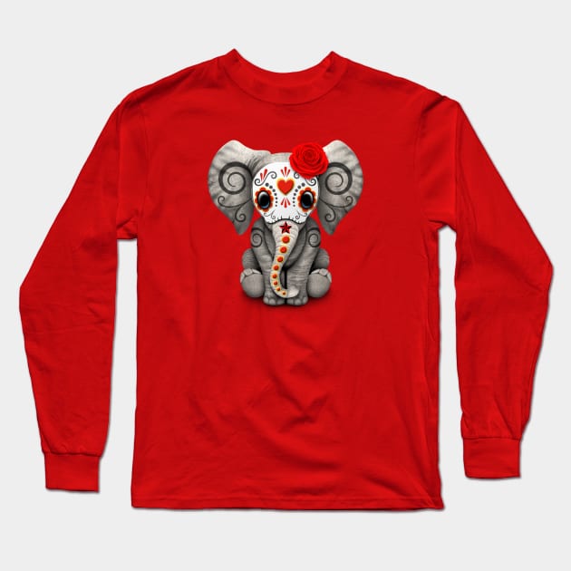 Red Day of the Dead Sugar Skull Baby Elephant Long Sleeve T-Shirt by jeffbartels